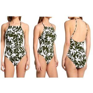 Ralph Lauren Womens Tropic Monotone High-Neck Swimsuit Halter Olive/White Sz 14